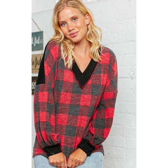 Soft V-Neck Red And Black Plaid Top - Picture 4 of 7